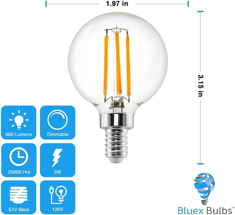 6 Pack G16.5 Light Bulb LED 4W - 2700K Warm White Dimmable 40W Equivalent E12 Candelabra Bulb 120V - Short Light Bulbs Bedroom, Kitchen, Pendant, Chandeliers, Vanity Bulbs, LED G50 Globe Light Bulbs