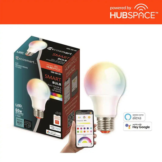 60-Watt Equivalent Smart A19 Color Changing CEC LED Light Bulb with Voice Control (1-Bulb) Powered by Hubspace