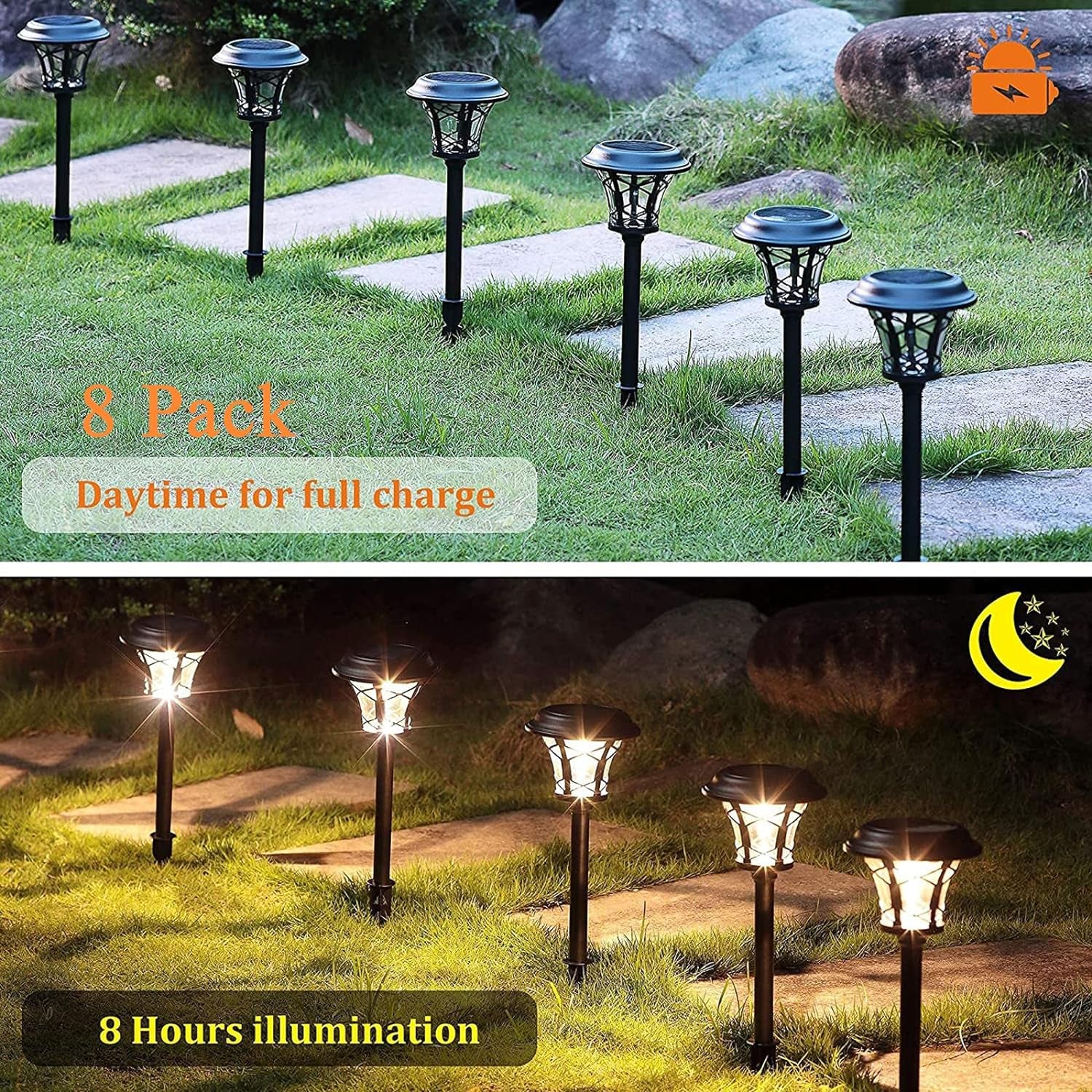 8 Pack 25 Lumen Solar Powered Pathway Lights, Super Bright SMD LED Outdoor Lights, Stainless Steel & Glass Waterproof Light for Landscape, Lawn, Patio, Yard, Garden, Deck Driveway, Warm White