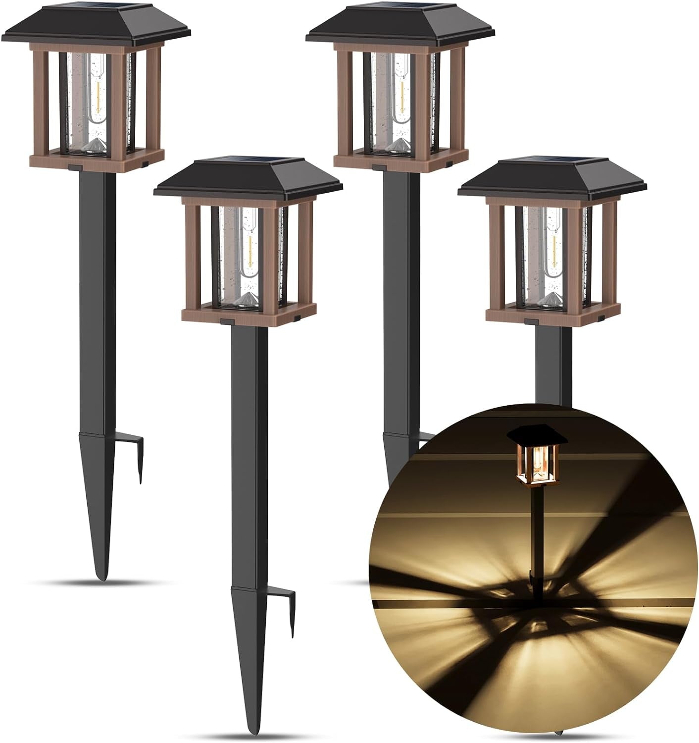 Solar Lights outside - 2-Tone Bronze & Wood Tone (Color) Solar Lights Outdoor Waterproof IP65, Glass Metal 20 LM LED Outdoor Solar Lights Yard Garden Landscape Driveway Walkway (Warm White)