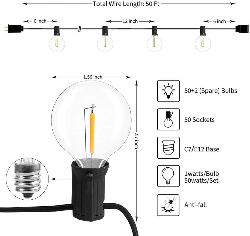 Outdoor String Lights 25 Feet G40 Globe LED Patio Lights with 13 Edison Plastic Bulbs(1 Spare), Waterproof Connectable Hanging Lights for Backyard Porch Balcony Party Decor, E12 Socket Base, Black