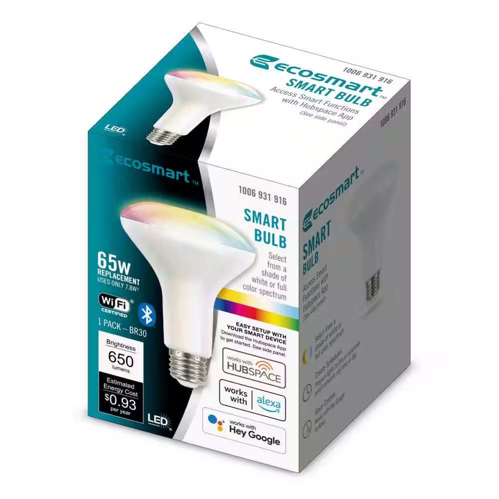 65-Watt Equivalent Smart BR30 Color Changing CEC LED Light Bulb with Voice Control (1-Bulb) Powered by Hubspace