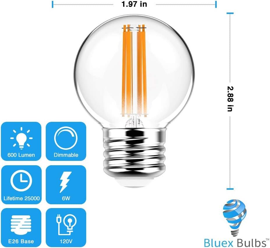 6 Pack G16.5 Light Bulb LED 6W - 2700K Warm White 60W Equivalent E26 Base 120V - Short Light Bulbs for Bedroom, Kitchen, Pendant Fixtures, Chandeliers, Scones, Vanity Bulbs, G16.5 LED Globe Light Bulb