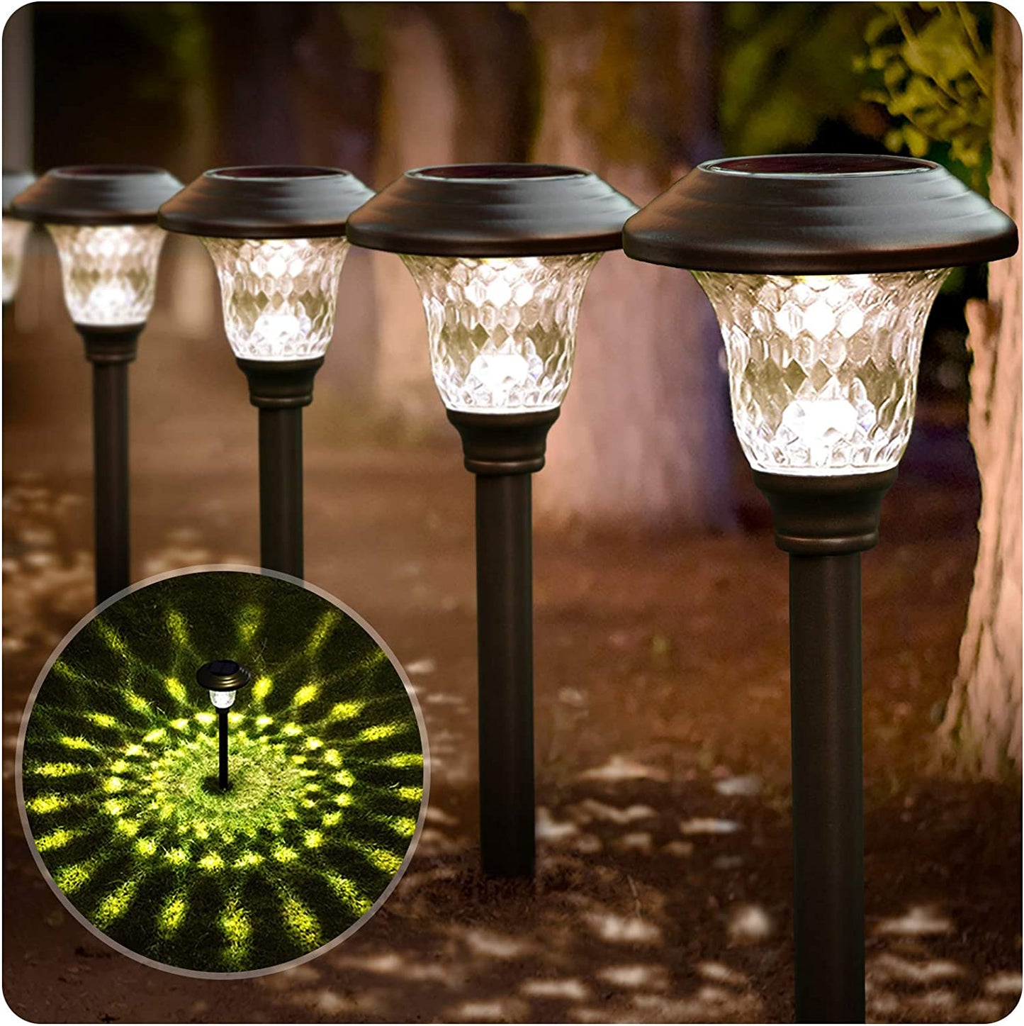 8 Pack Solar Pathway Lights Outdoor Waterproof Bright LED Solar Landscape Lights Garden Stake Glass Stainless Steel Auto On/Off Wireless Lighting for Garden Yard Walkway Bronze BG1691