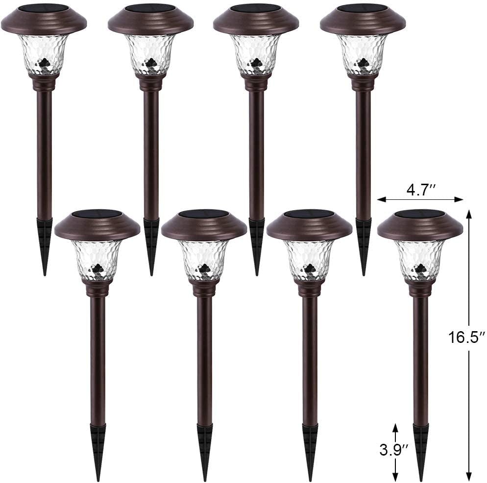 8 Pack Solar Pathway Lights Outdoor Waterproof Bright LED Solar Landscape Lights Garden Stake Glass Stainless Steel Auto On/Off Wireless Lighting for Garden Yard Walkway Bronze BG1691